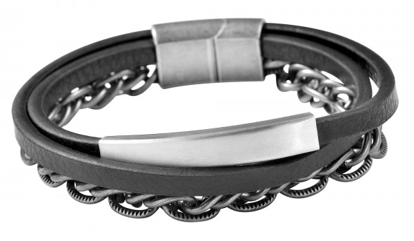 Akzent Armband aus Echtleder mit Kettenelement und Identplatte, schwarz