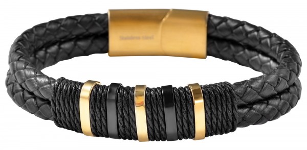 Akzent Armband aus Lederimitation mit Edelstahlelementen, Ionenplattiert, schwarz/goldfarben
