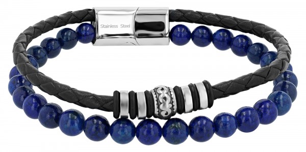 Akzent Armband aus Leder und Lapis Lazuli Perlen + Edelstahlelemente