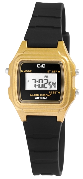 Q&amp;Q Damen Digitaluhr mit Kunststoffarmband in schwarz/goldfarben, 10 Bar wasserdicht