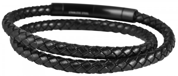 Akzent Geflochtenes Armband aus Edelstahl und Echtleder in Schwarz mit IP Black-Beschichtung
