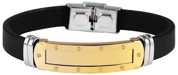 Akzent Armband aus Echtleder und Edelstahl in Schwarz mit IP Gold-Beschichtung
